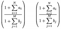        $\left(\frac{\dsize1+\sum_{i=1}^Na_i}{\dsize1+\sum_{j=1}^{M}b_j}
       \right) \qquad \left(\frac{\dsize1+\botshave{\sum_{i=1}^N}a_i}{\dsize1+
       \topshave{\sum_{j=1} ^{M}b_j}}\right)$